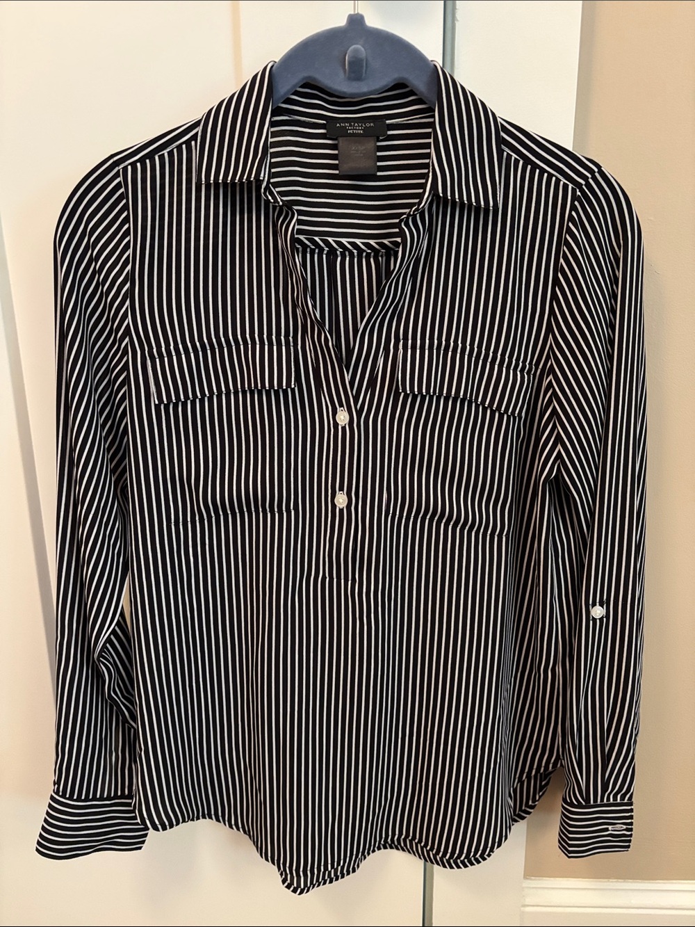 Ann Taylor Factory Black and White Striped Button-Down Shirt